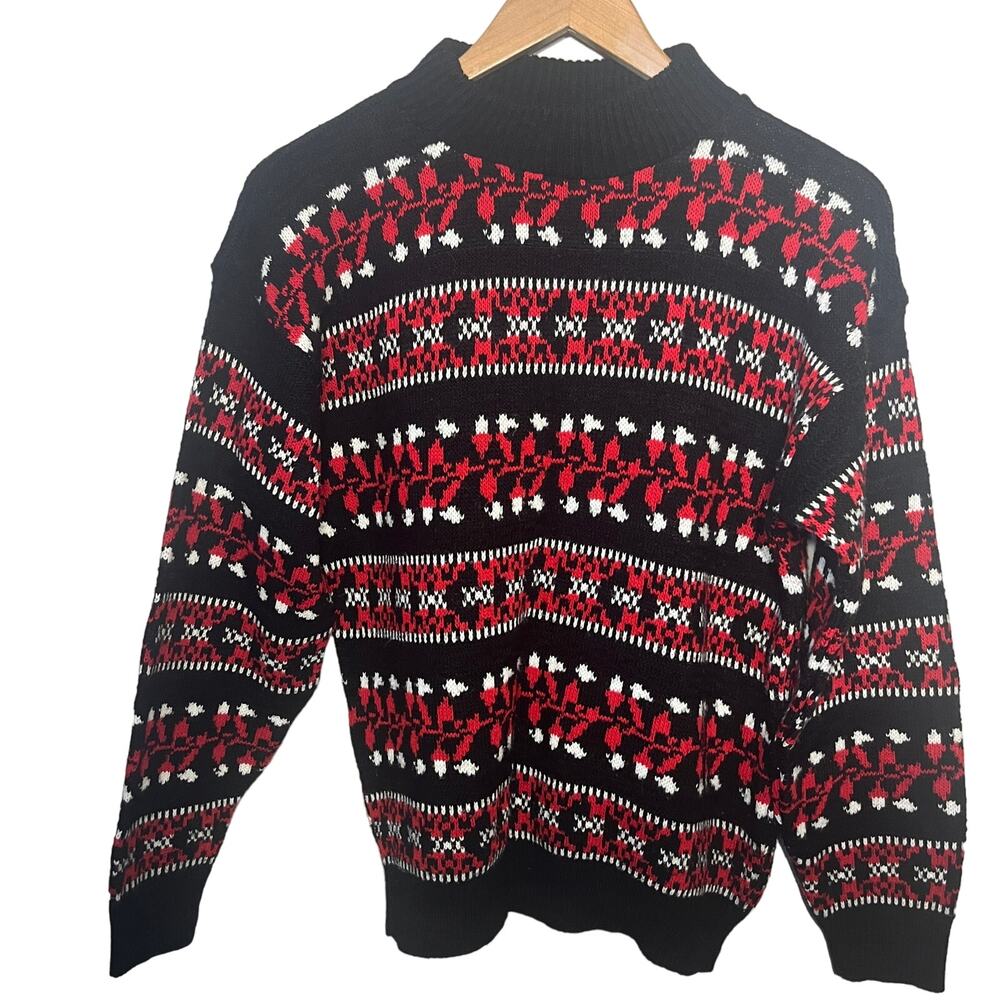 VTG American Pride Sweater Acrylic Black Red White Holiday Mock Neck Pullover L